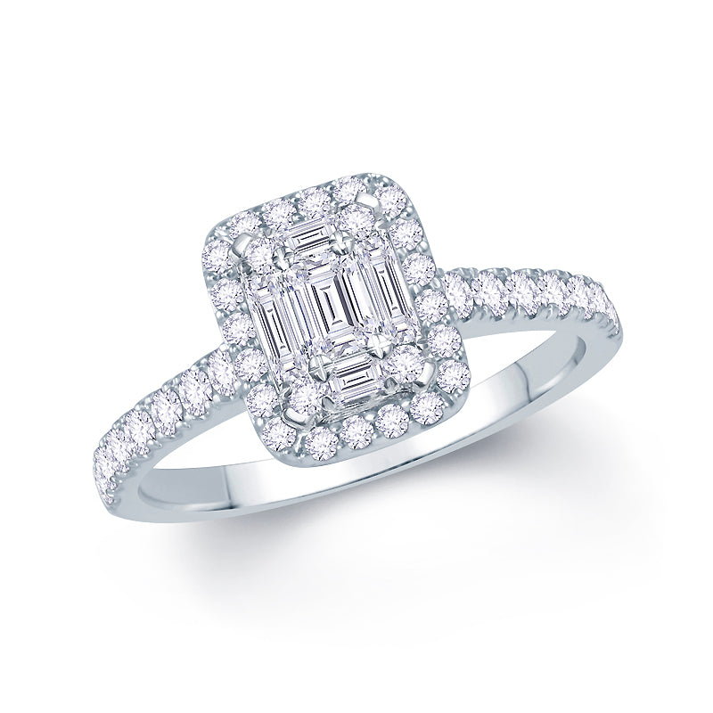 Platinum 0.65ct Baguette & Brilliant Cut Diamond Emerald Illusion Fairytale Cluster Ring