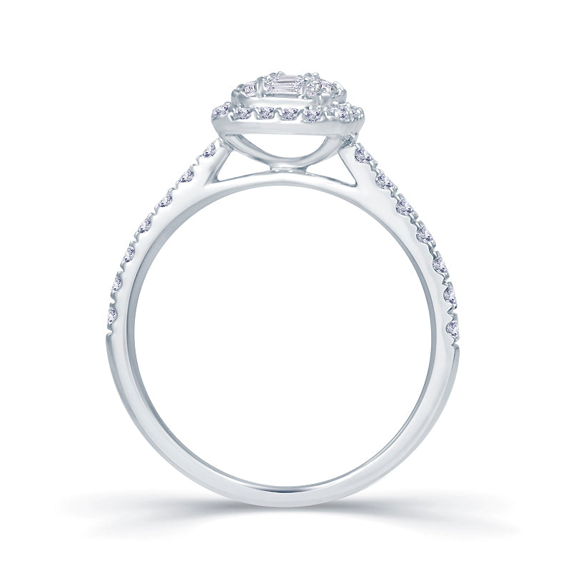 Platinum 0.65ct Baguette & Brilliant Cut Diamond Emerald Illusion Fairytale Cluster Ring