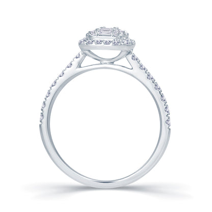 Platinum 0.65ct Baguette & Brilliant Cut Diamond Emerald Illusion Fairytale Cluster Ring