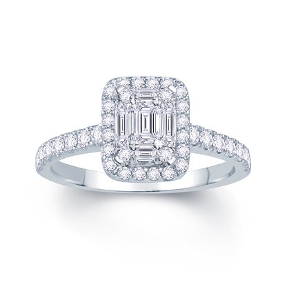 Platinum 0.65ct Baguette & Brilliant Cut Diamond Emerald Illusion Fairytale Cluster Ring