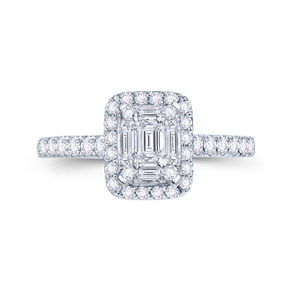 Platinum 0.65ct Baguette & Brilliant Cut Diamond Emerald Illusion Fairytale Cluster Ring