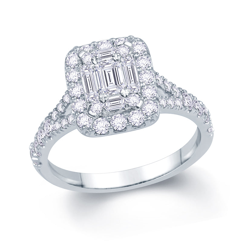 Platinum 0.90ct Baguette & Brilliant Cut Diamond Emerald Illusion Fairytale Cluster Ring