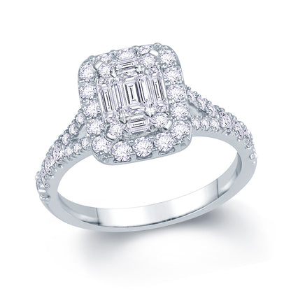 Platinum 0.90ct Baguette & Brilliant Cut Diamond Emerald Illusion Fairytale Cluster Ring