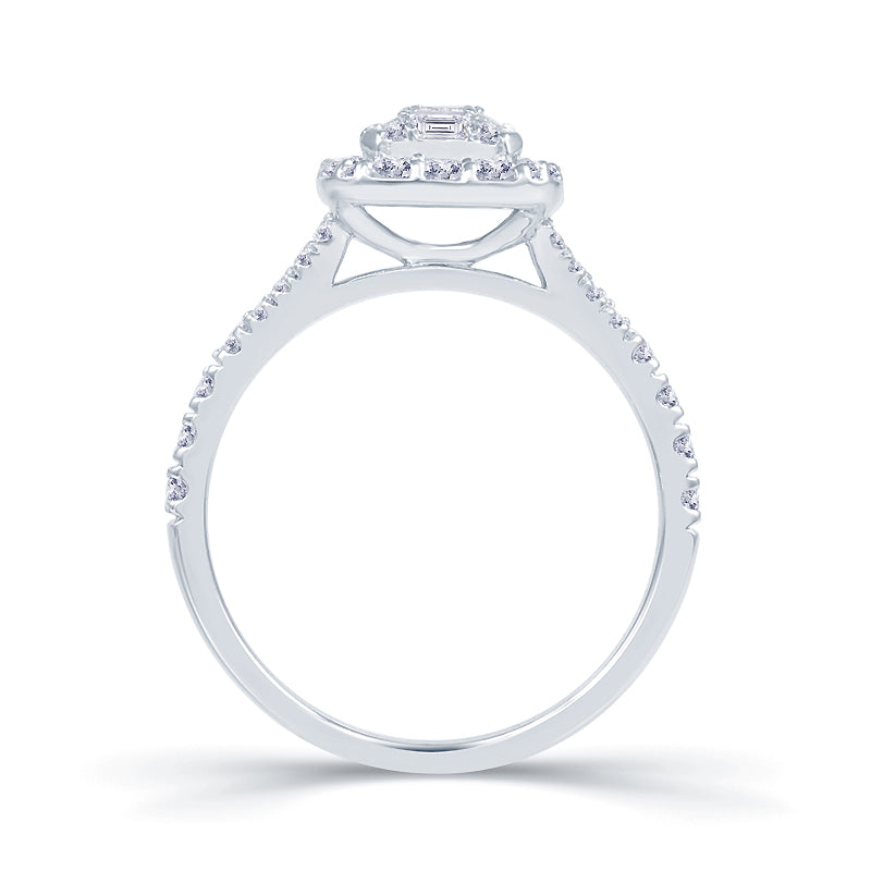 Platinum 0.90ct Baguette & Brilliant Cut Diamond Emerald Illusion Fairytale Cluster Ring