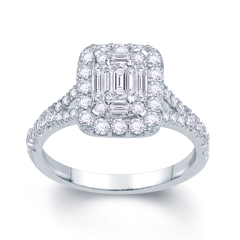 Platinum 0.90ct Baguette & Brilliant Cut Diamond Emerald Illusion Fairytale Cluster Ring