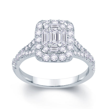 Platinum 0.90ct Baguette & Brilliant Cut Diamond Emerald Illusion Fairytale Cluster Ring