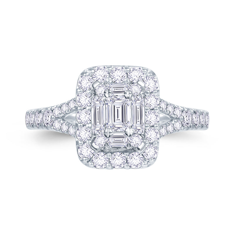 Platinum 0.90ct Baguette & Brilliant Cut Diamond Emerald Illusion Fairytale Cluster Ring