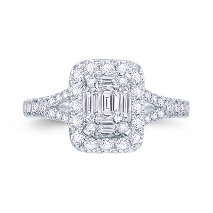 Platinum 0.90ct Baguette & Brilliant Cut Diamond Emerald Illusion Fairytale Cluster Ring