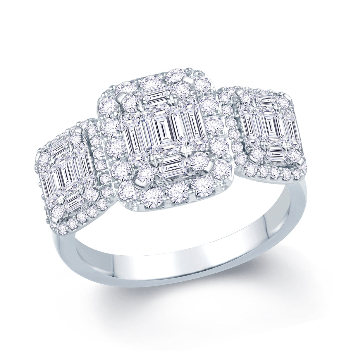 Platinum 1.10ct Baguette & Brilliant Cut Diamond Emerald Illusion Fairytale Triple Cluster Ring