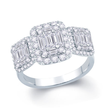 Platinum 1.10ct Baguette & Brilliant Cut Diamond Emerald Illusion Fairytale Triple Cluster Ring