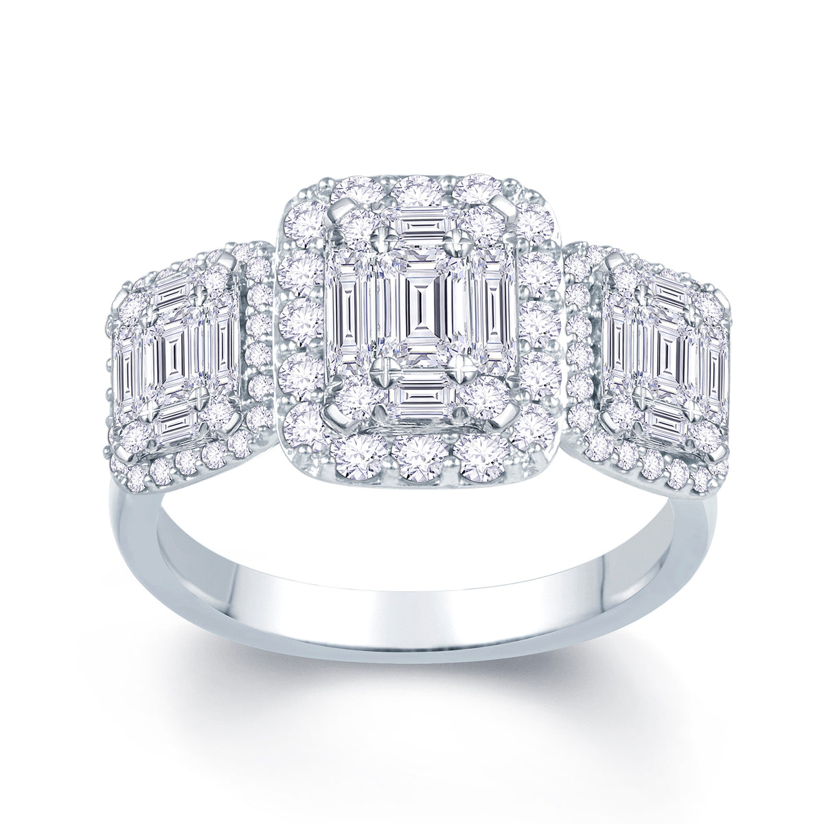 Platinum 1.10ct Baguette & Brilliant Cut Diamond Emerald Illusion Fairytale Triple Cluster Ring