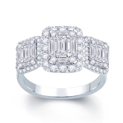 Platinum 1.10ct Baguette & Brilliant Cut Diamond Emerald Illusion Fairytale Triple Cluster Ring