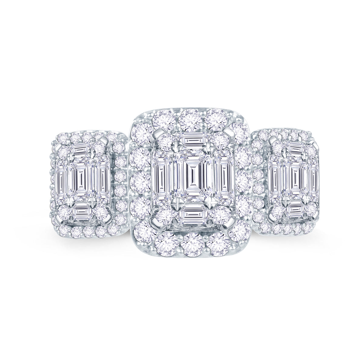Platinum 1.10ct Baguette & Brilliant Cut Diamond Emerald Illusion Fairytale Triple Cluster Ring