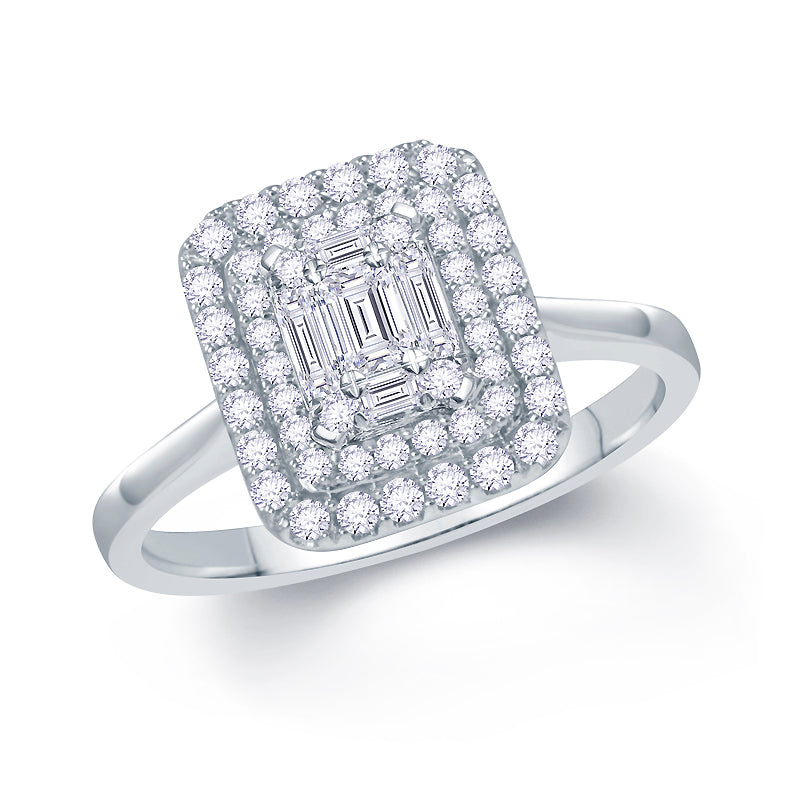 Platinum 0.40ct Baguette & Brilliant Cut Diamond Emerald Illusion Fairytale Cluster Ring