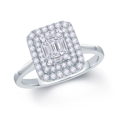 Platinum 0.40ct Baguette & Brilliant Cut Diamond Emerald Illusion Fairytale Cluster Ring