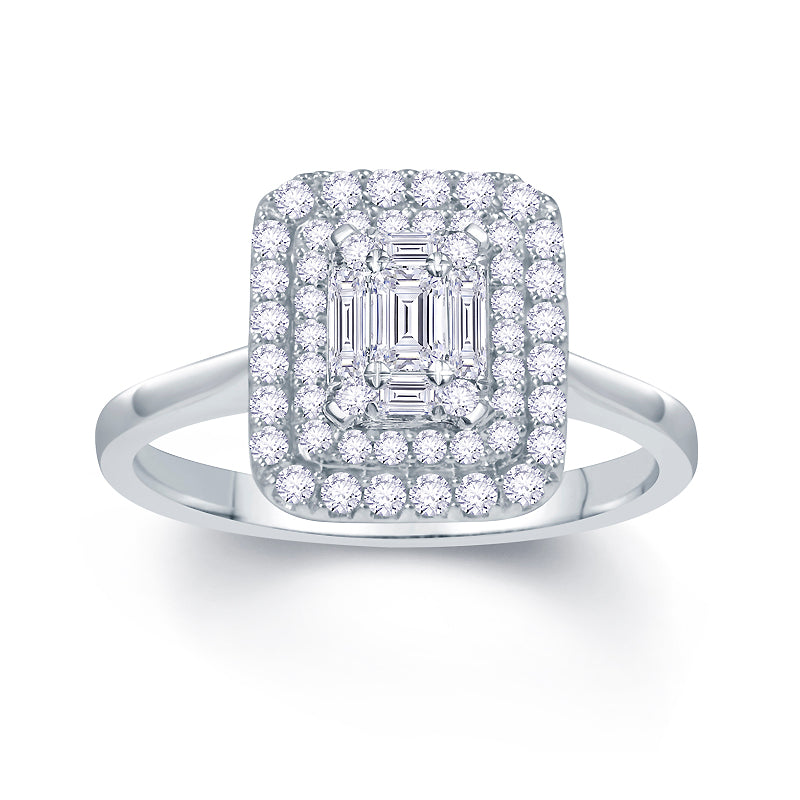 Platinum 0.40ct Baguette & Brilliant Cut Diamond Emerald Illusion Fairytale Cluster Ring