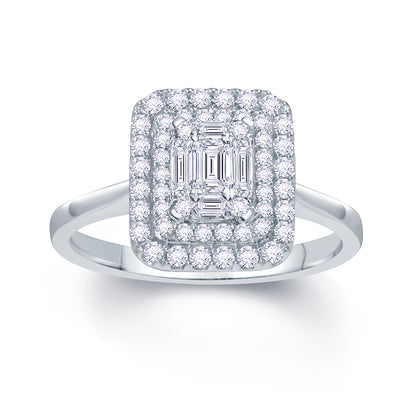 Platinum 0.40ct Baguette & Brilliant Cut Diamond Emerald Illusion Fairytale Cluster Ring