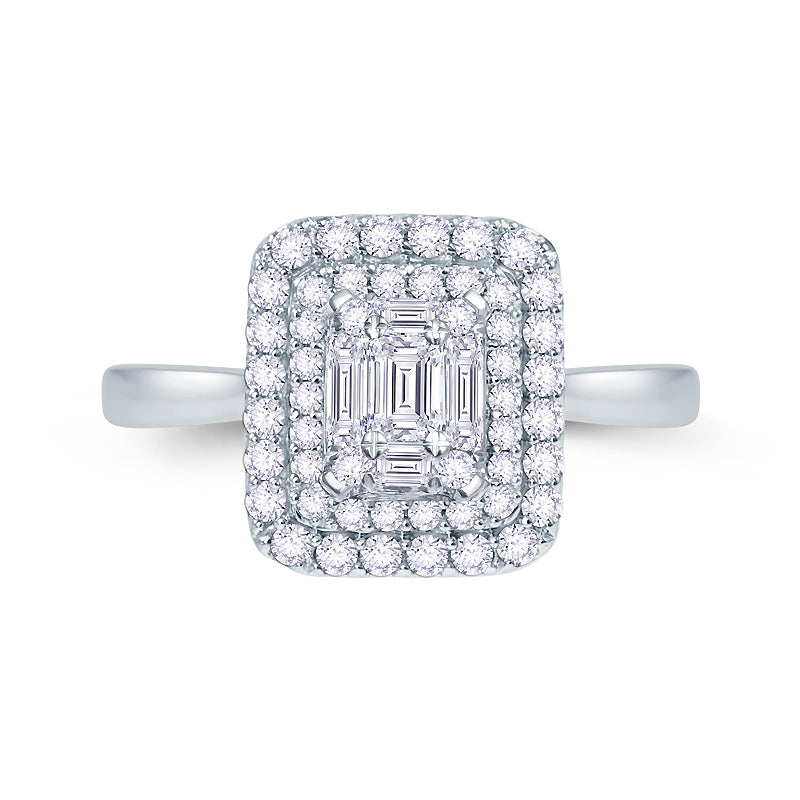 Platinum 0.40ct Baguette & Brilliant Cut Diamond Emerald Illusion Fairytale Cluster Ring