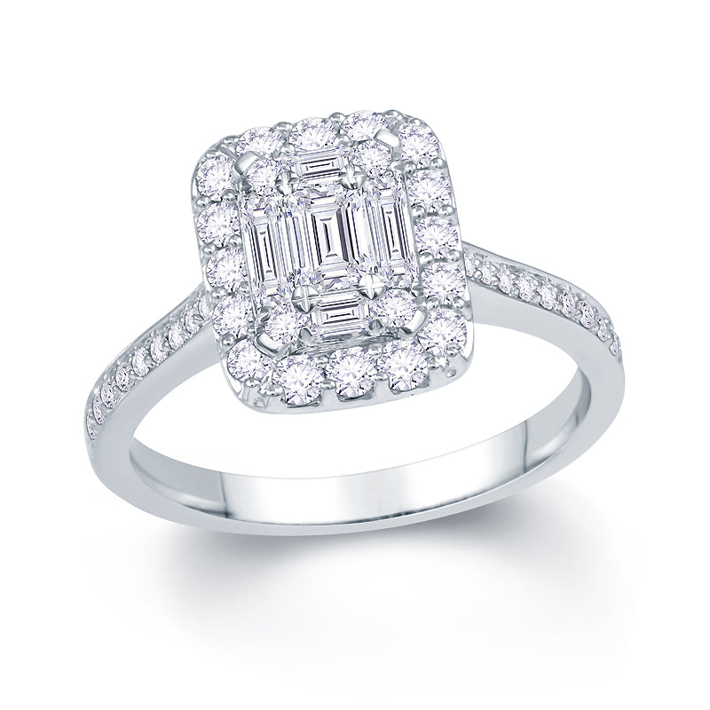Platinum 0.70ct Baguette & Brilliant Cut Diamond Emerald Illusion Fairytale Cluster Ring