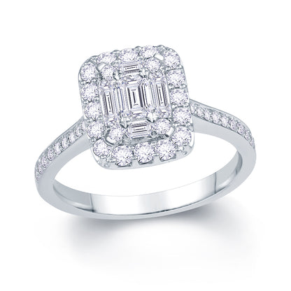 Platinum 0.70ct Baguette & Brilliant Cut Diamond Emerald Illusion Fairytale Cluster Ring