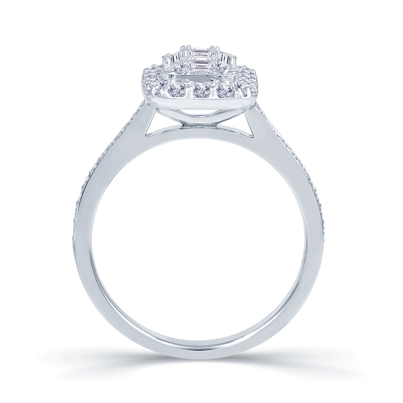 Platinum 0.70ct Baguette & Brilliant Cut Diamond Emerald Illusion Fairytale Cluster Ring