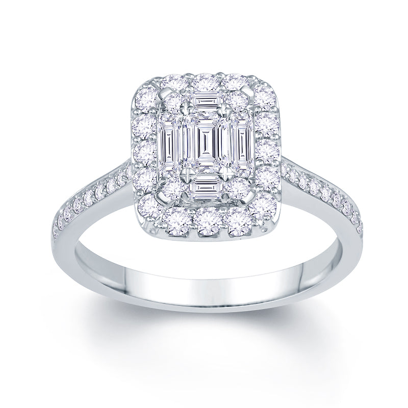 Platinum 0.70ct Baguette & Brilliant Cut Diamond Emerald Illusion Fairytale Cluster Ring