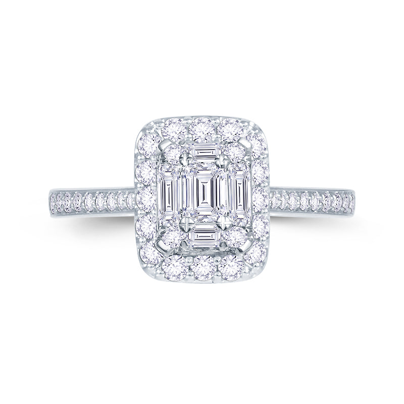 Platinum 0.70ct Baguette & Brilliant Cut Diamond Emerald Illusion Fairytale Cluster Ring