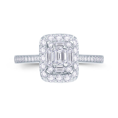 Platinum 0.70ct Baguette & Brilliant Cut Diamond Emerald Illusion Fairytale Cluster Ring