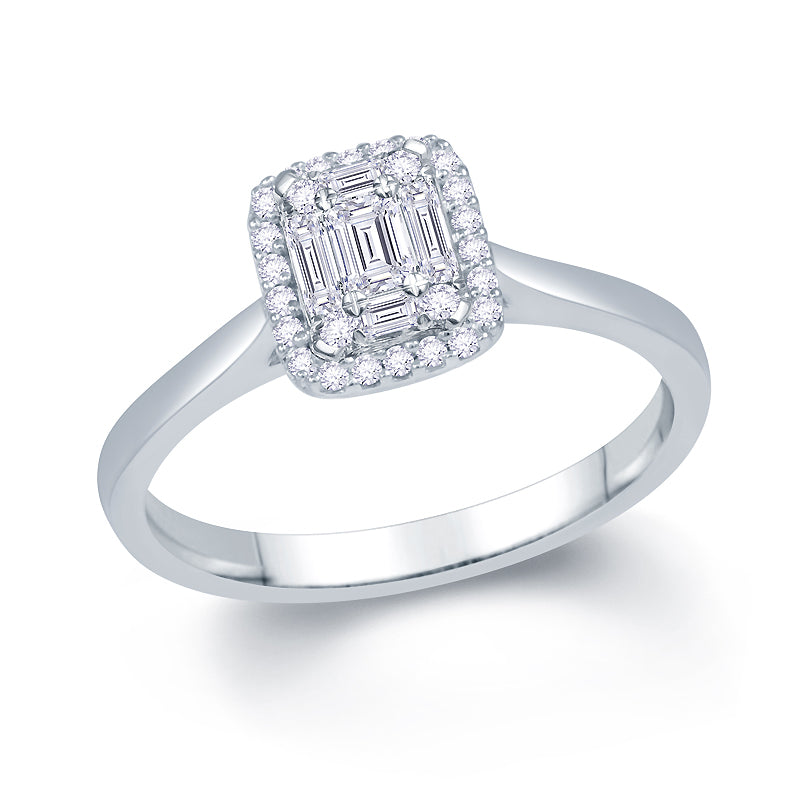 Platinum 0.25ct Baguette & Brilliant Cut Diamond Emerald Illusion Fairytale Cluster Ring
