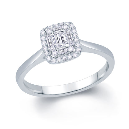 Platinum 0.25ct Baguette & Brilliant Cut Diamond Emerald Illusion Fairytale Cluster Ring