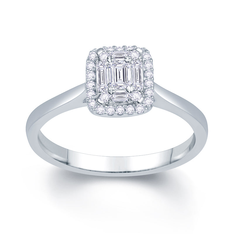 Platinum 0.25ct Baguette & Brilliant Cut Diamond Emerald Illusion Fairytale Cluster Ring
