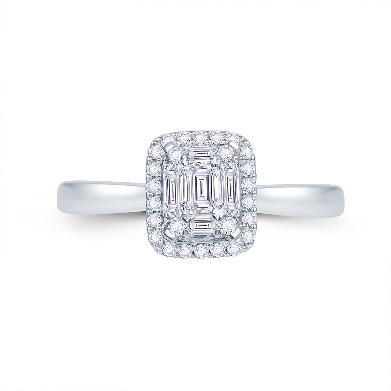 Platinum 0.25ct Baguette & Brilliant Cut Diamond Emerald Illusion Fairytale Cluster Ring