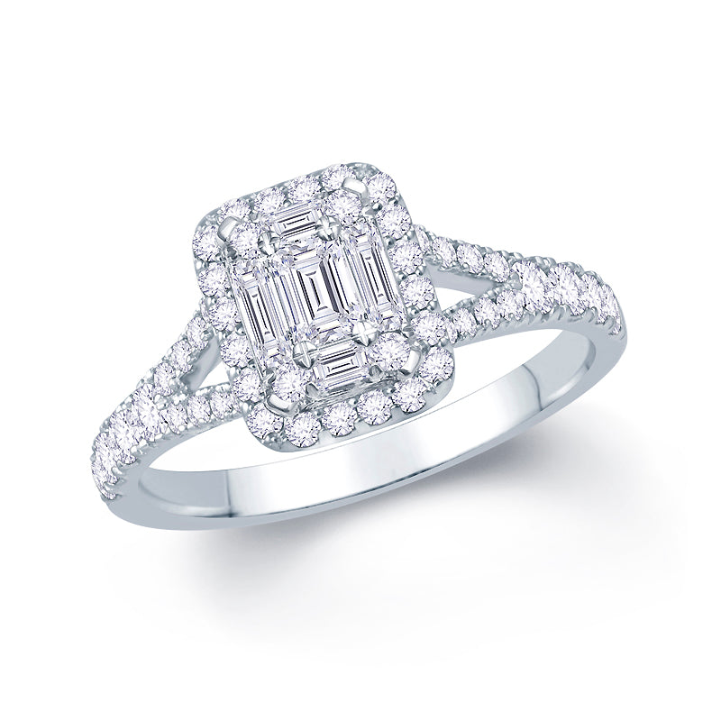 Platinum 0.70ct Baguette & Brilliant Cut Diamond Emerald Illusion Fairytale Cluster Ring