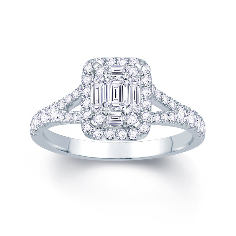 Platinum 0.70ct Baguette & Brilliant Cut Diamond Emerald Illusion Fairytale Cluster Ring