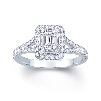 Platinum 0.70ct Baguette & Brilliant Cut Diamond Emerald Illusion Fairytale Cluster Ring