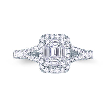 Platinum 0.70ct Baguette & Brilliant Cut Diamond Emerald Illusion Fairytale Cluster Ring