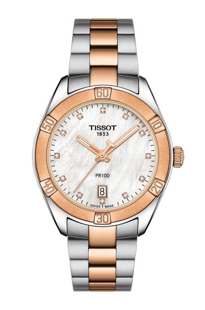Tissot PR 100 Sport Chic Mother of Pearl Diamond Set Dial Two Tone Womens Quartz Watch T1019102211600