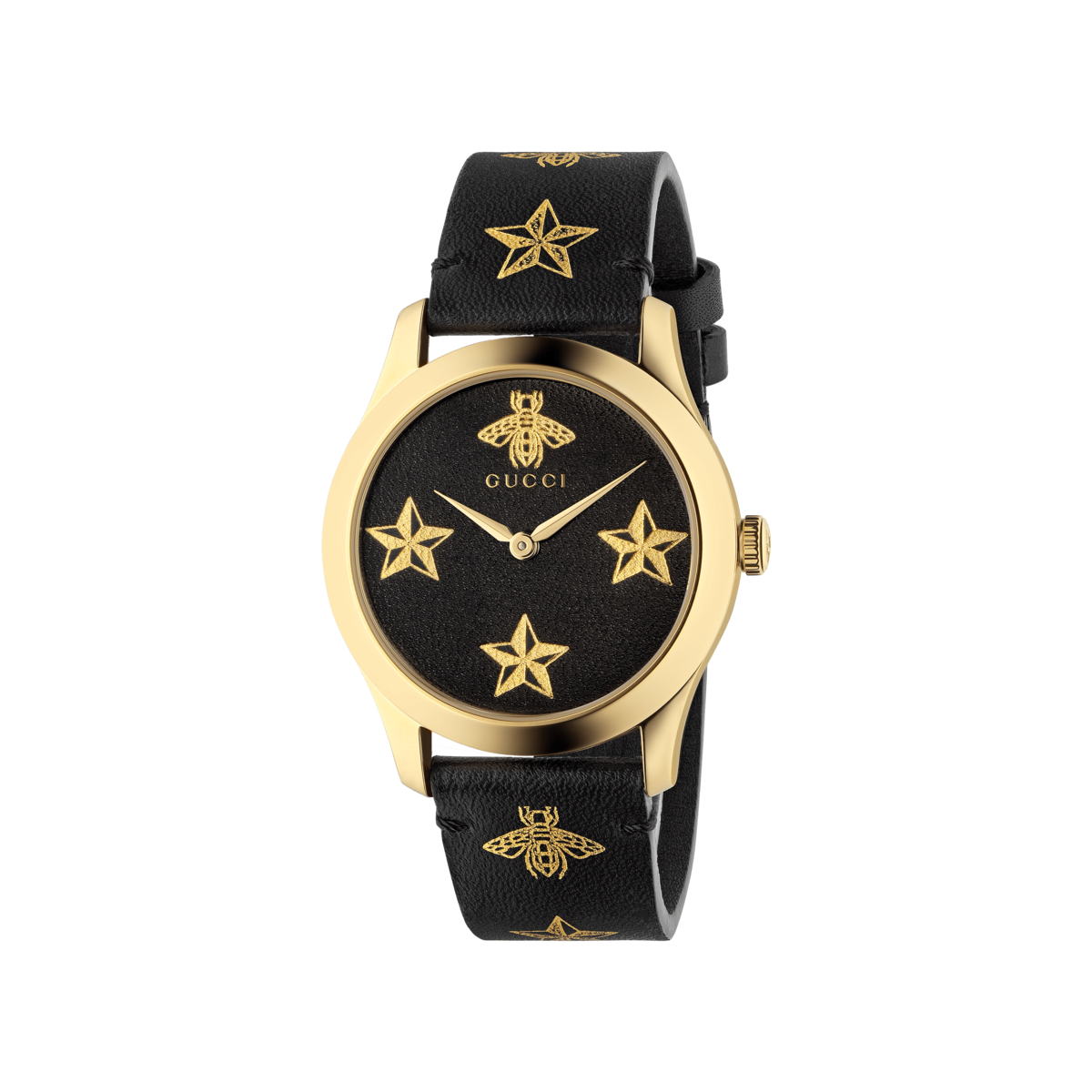 Gucci G-Timeless Le Marché des Merveilles Garden Bee & Stars Black Leather Dial PVD Gold Plated Unisex Quartz Watch YA1264055