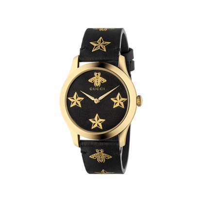 Gucci G-Timeless Le Marché des Merveilles Garden Bee & Stars Black Leather Dial PVD Gold Plated Unisex Quartz Watch YA1264055