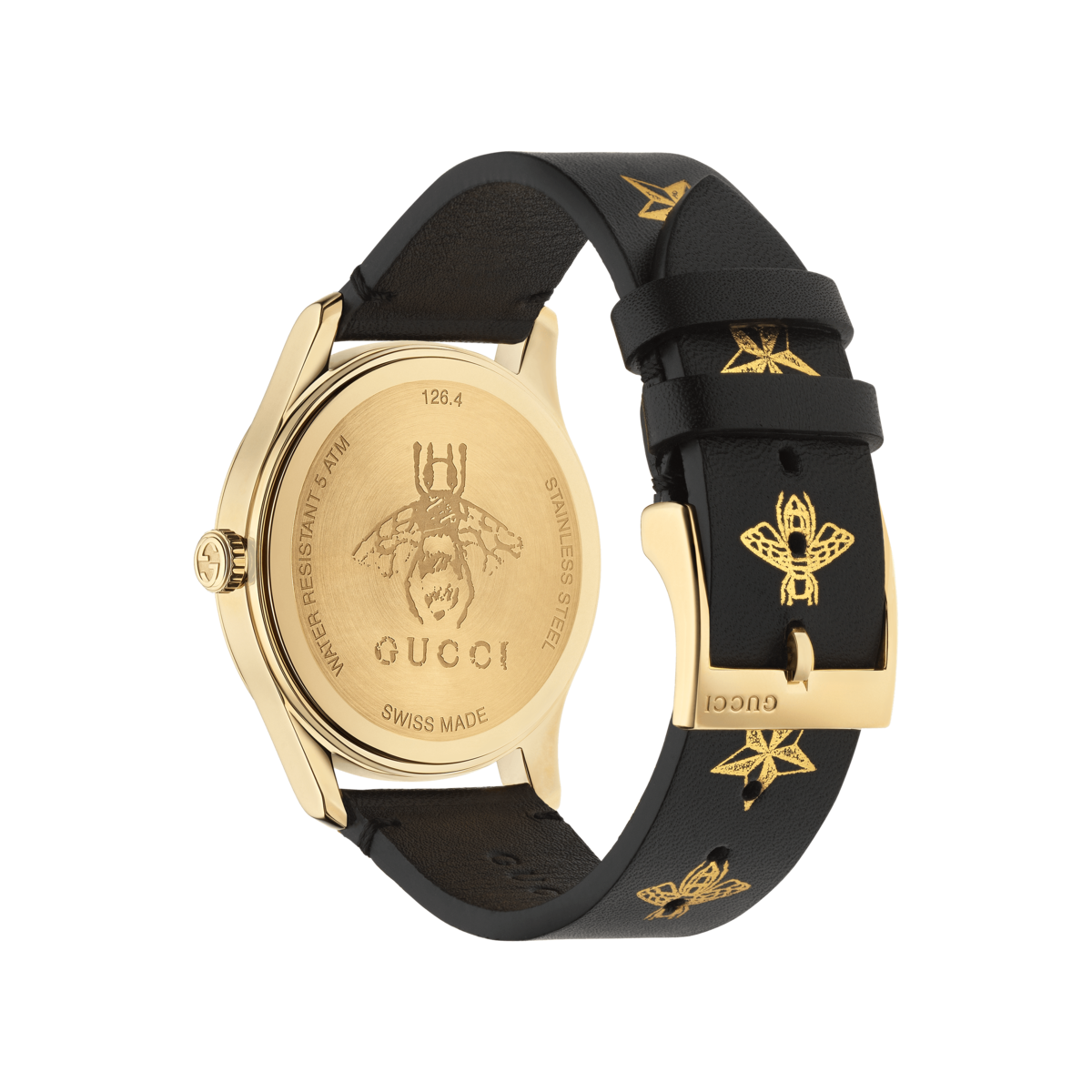 Gucci G-Timeless Le Marché des Merveilles Garden Bee & Stars Black Leather Dial PVD Gold Plated Unisex Quartz Watch YA1264055
