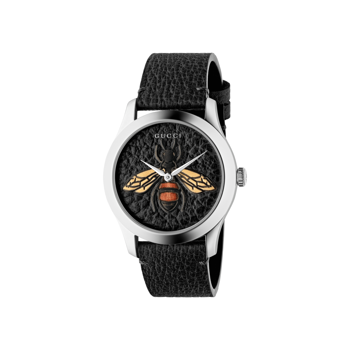 Gucci G-Timeless Bee Black Leather Dial Stainless Steel Unisex Quartz Watch YA1264067