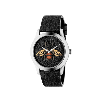 Gucci G-Timeless Bee Black Leather Dial Stainless Steel Unisex Quartz Watch YA1264067