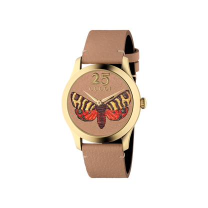 Gucci G-Timeless Butterfly Leather Dial PVD Gold Plated Unisex Quartz Watch YA1264063