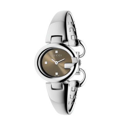 Gucci Guccissima Brown Dial Stainless Steel Bangle Womens Quartz Watch YA134503