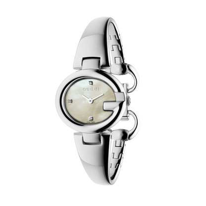 Gucci Guccissima Mother of Pearl Diamond Set Dial Dial Stainless Steel Bangle Womens Quartz Watch YA134504