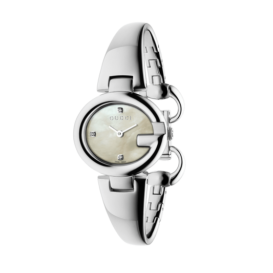 Gucci Guccissima Mother of Pearl Diamond Set Dial Dial Stainless Steel Bangle Womens Quartz Watch YA134504