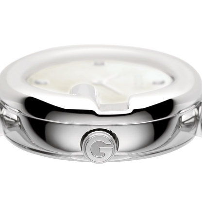 Gucci Guccissima Mother of Pearl Diamond Set Dial Dial Stainless Steel Bangle Womens Quartz Watch YA134504
