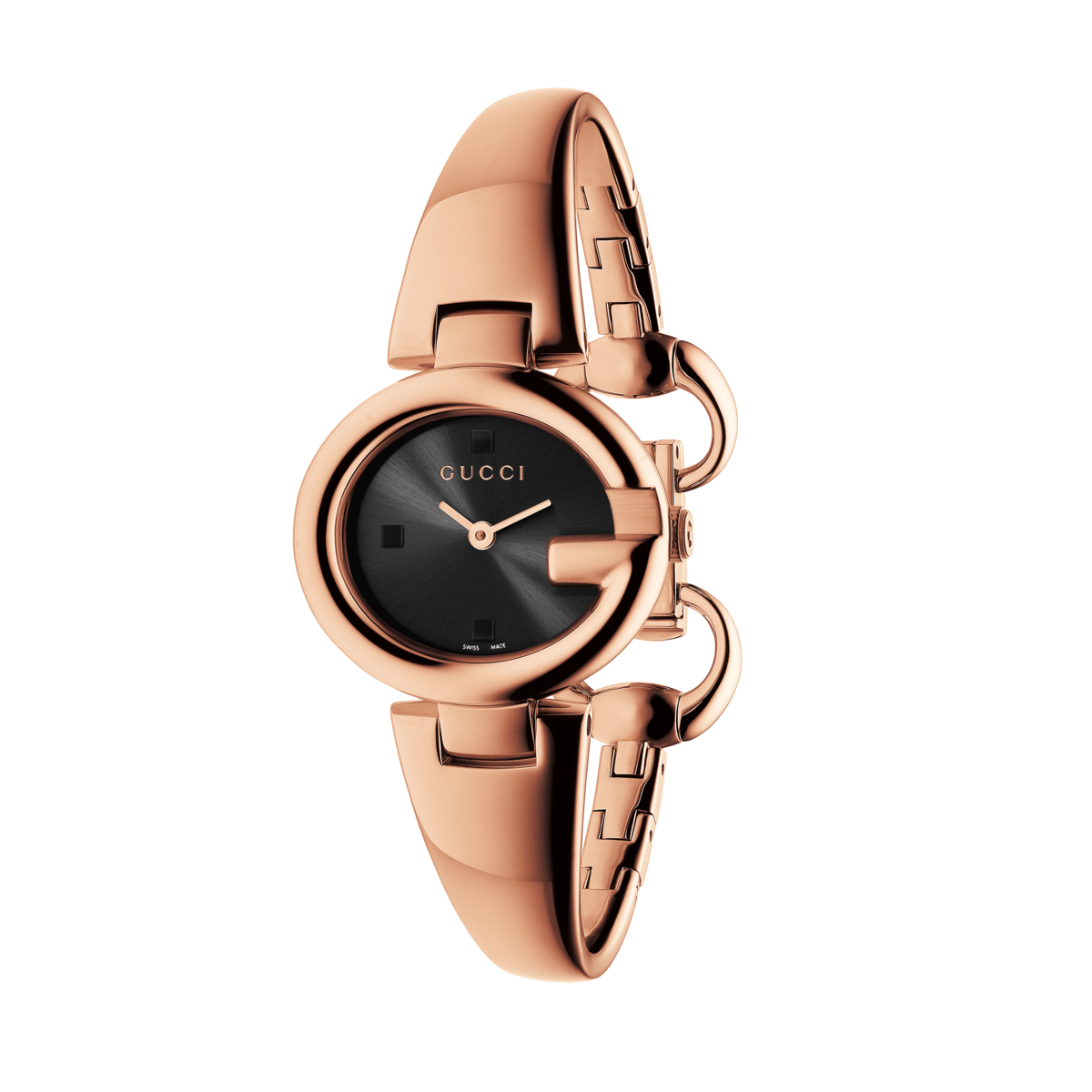 Gucci Guccissima Black Dial Rose PVD Gold Plated Bangle Womens Quartz Watch YA134509