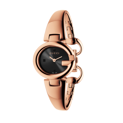 Gucci Guccissima Black Dial Rose PVD Gold Plated Bangle Womens Quartz Watch YA134509
