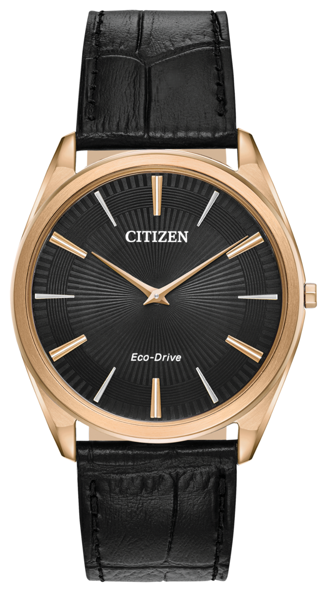 Citizen Eco-Drive Stiletto Black Dial Rose Gold Plated Mens Watch AR3073-06E